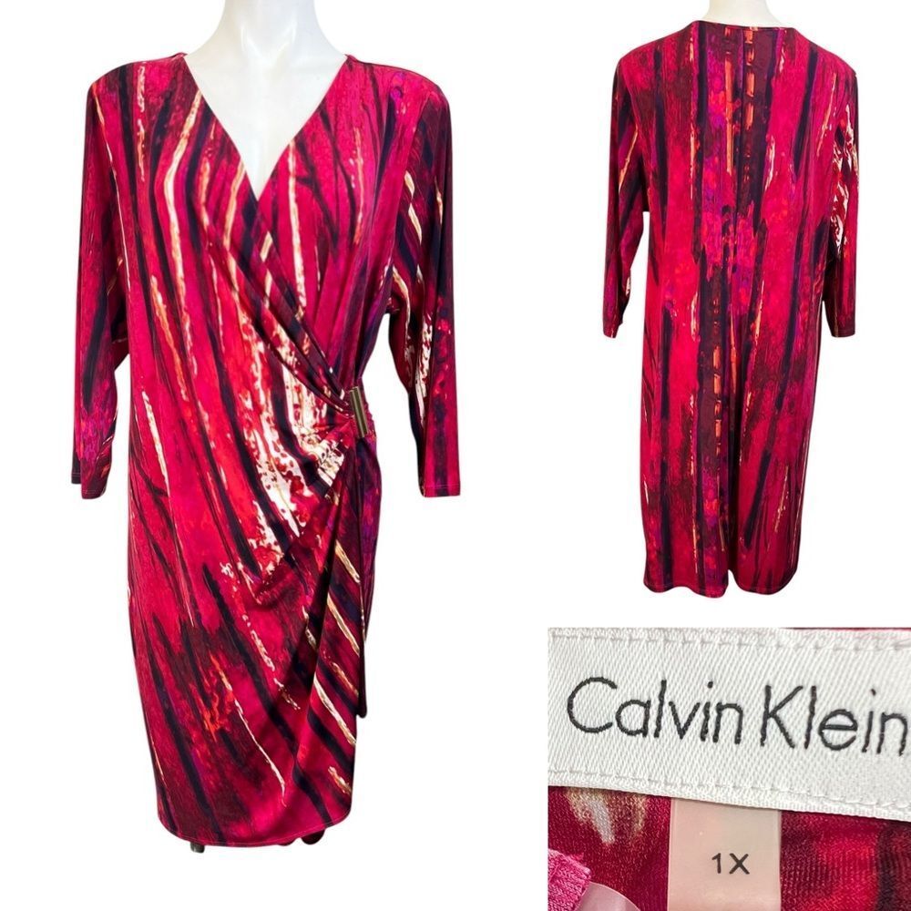Calvin Klein wrap dress plus 1x pink multicolor 3/4 sleeve knee‎ length office